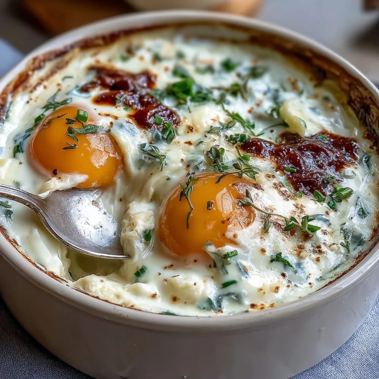Delicate Easter eggs en cocotte with fresh herbs and parmesan, served warm from the oven for brunch.