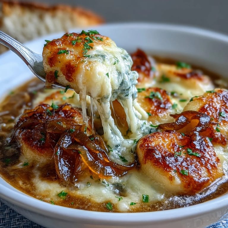 Rich, caramelized onion broth with pillowy gnocchi, topped with golden cheese.