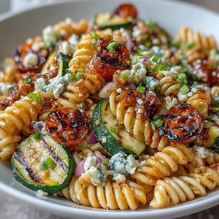 Vibrant summer pasta salad featuring smoky grilled zucchini, sweet corn, and tangy Cotija cheese.