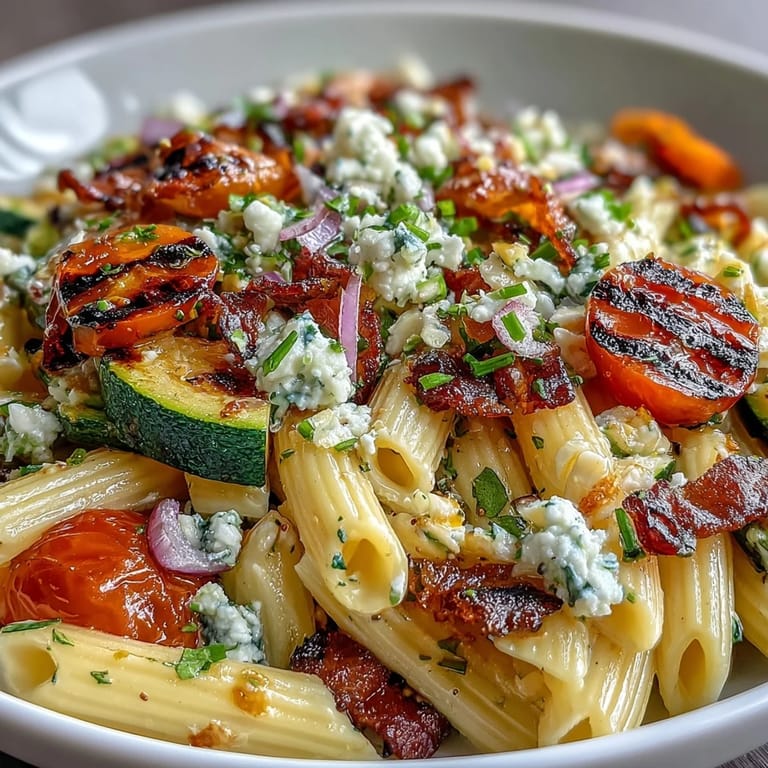 Mexican-inspired pasta salad with grilled zucchini, fresh corn, and creamy Cotija cheese, tossed in lime dressing.