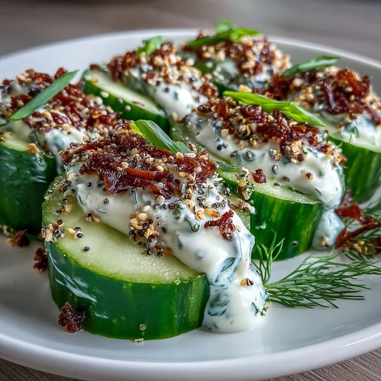 Creamy cucumber salad tossed with tangy dressing and crunchy everything bagel seasoning, perfect for a light lunch or snack.  
