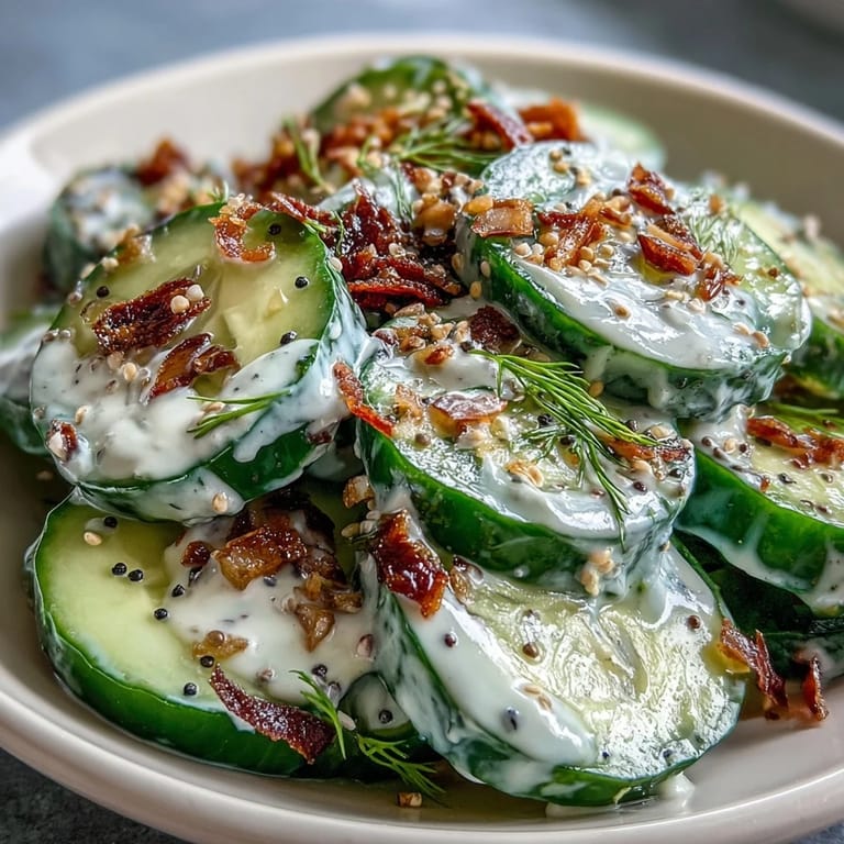 Refreshing cucumber salad with everything bagel dressing, combining cool cucumbers, green onions, and savory seasoning for a flavorful bite.