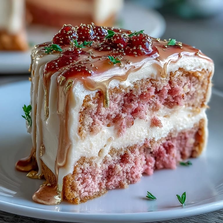 Elegant rosé-infused velvet cake with lush cream cheese frosting and a glamorous gold drip, ideal for celebratory gatherings and weddings.