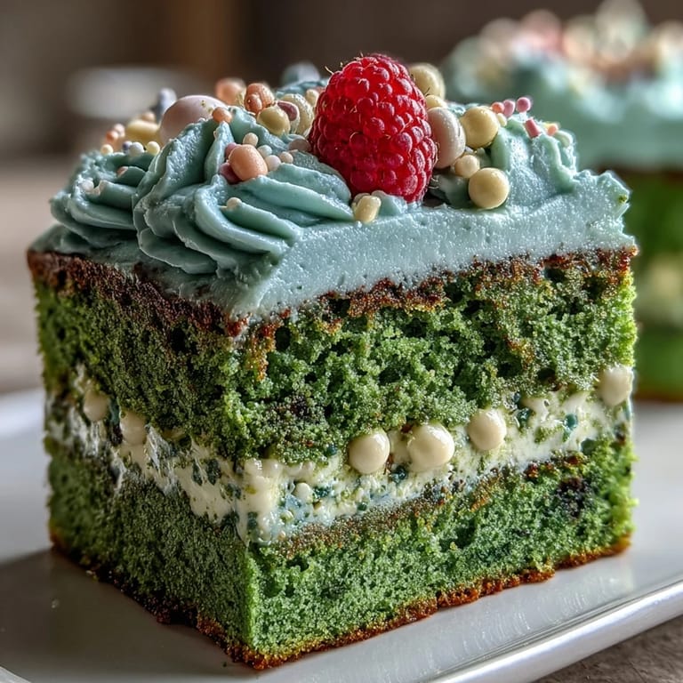 Elegant mini matcha cake layered with vanilla frosting, decorated with fresh berries for a vibrant brunch treat.