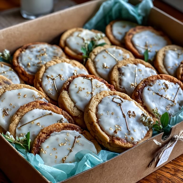A gift-ready box filled with buttery sugar cookies shaped like Taurus symbols, highlighted with shimmering gold icing for a festive presentation.
