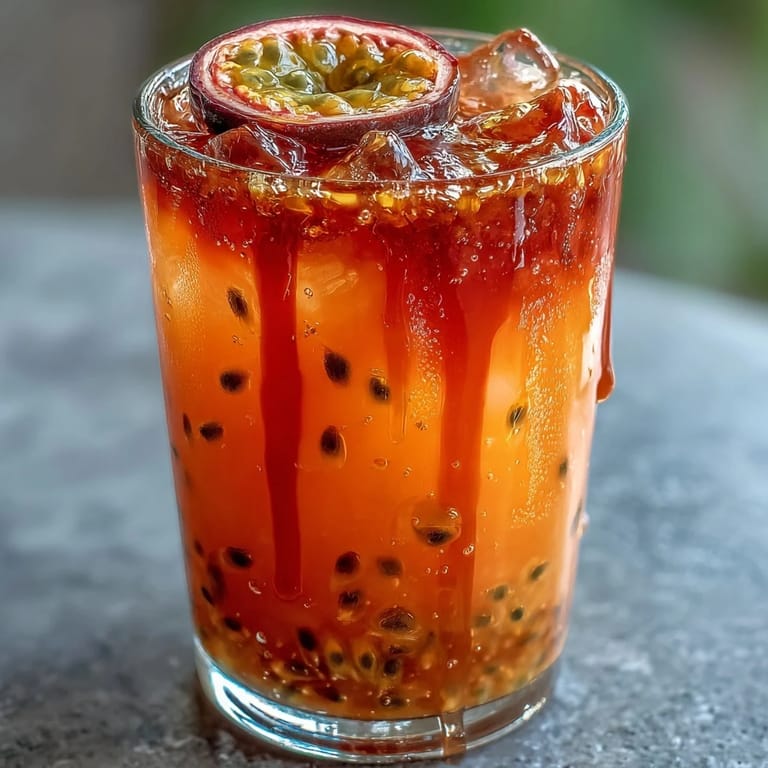 Vibrant Tropical Sunrise Mocktail with passionfruit and orange juices layered in a glass, garnished with an orange slice and mint sprig.