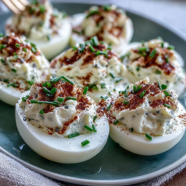 Creamy deviled eggs featuring everything bagel seasoning, lemon, and chives, perfect for brunch or party platters.