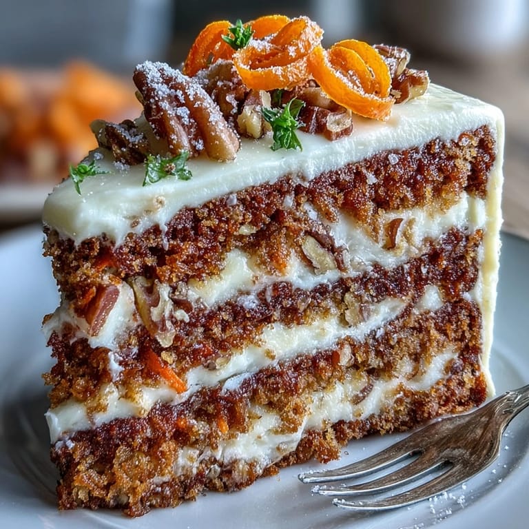 Layered carrot cake topped with tangy cream cheese frosting and delicate candied carrot curls for an elegant Easter dessert.  