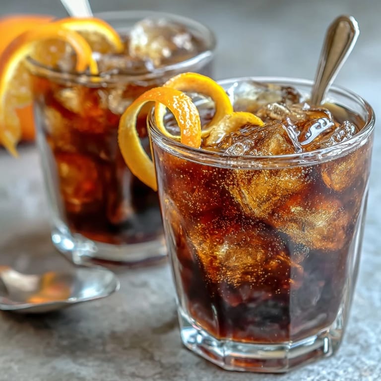 Refreshing cold brew coffee tonic with tonic water, orange zest, and ice cubes in clear glasses.