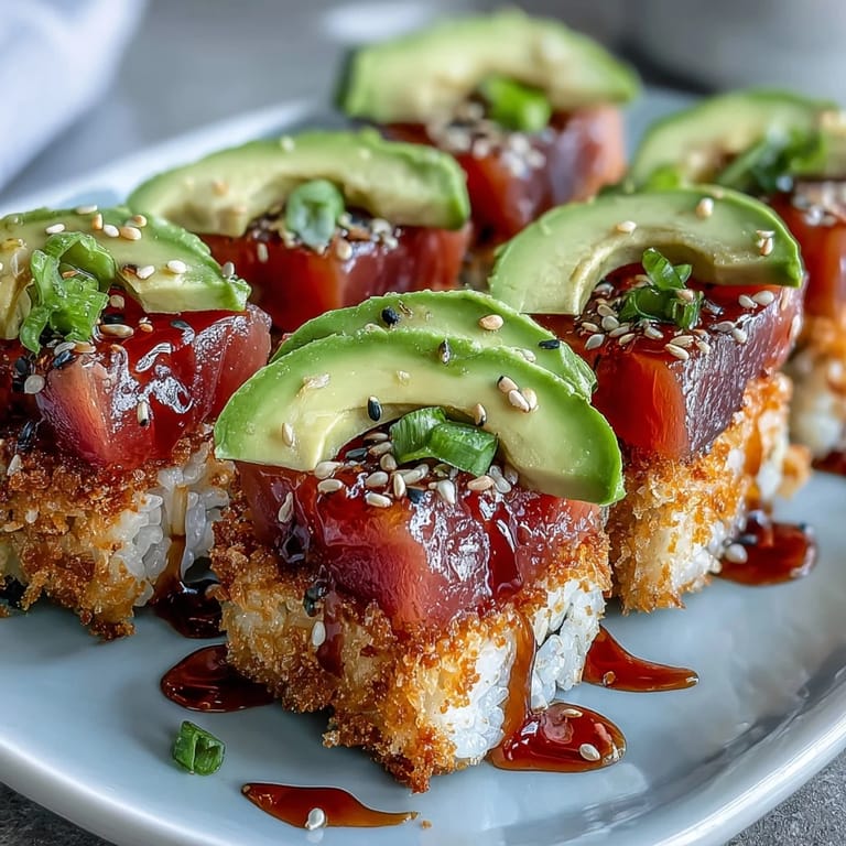 Viral appetizer: crispy rice, spicy tuna, avocado, drizzled with spicy mayo.