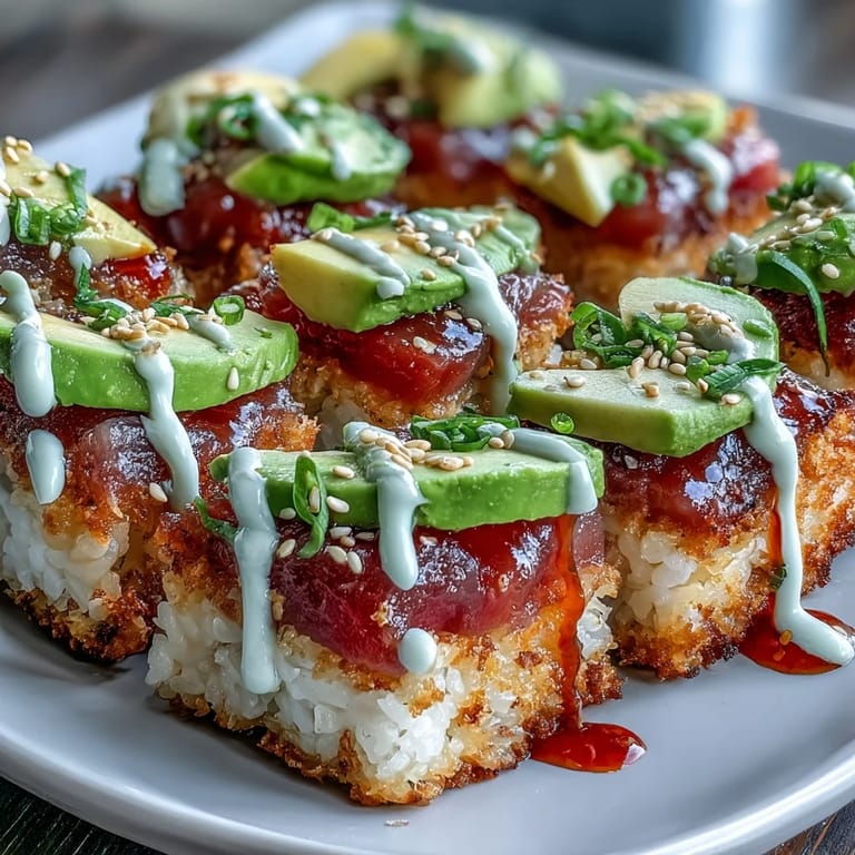 Golden crispy rice bites topped with vibrant spicy tuna and fresh avocado.