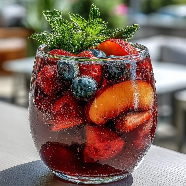 Refreshing peach and berry Summer Sangria Mocktail poured over ice, ready for sipping.