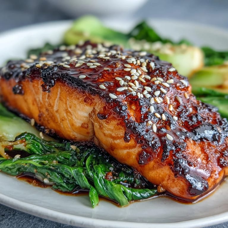 Tender Miso Glazed Salmon with Sesame Bok Choy, perfectly cooked and ready to enjoy.