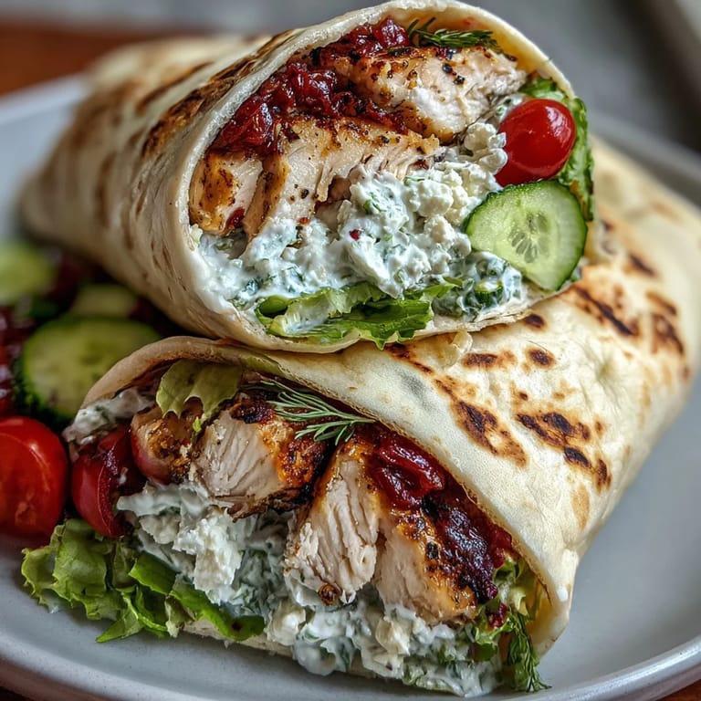 Golden grilled chicken wraps drizzled with creamy tzatziki, a perfect lunch.