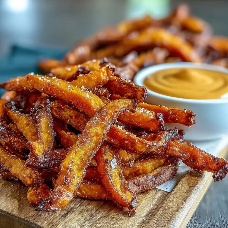 Golden, healthy air fryer sweet potato fries perfect for dipping in smoky aioli.