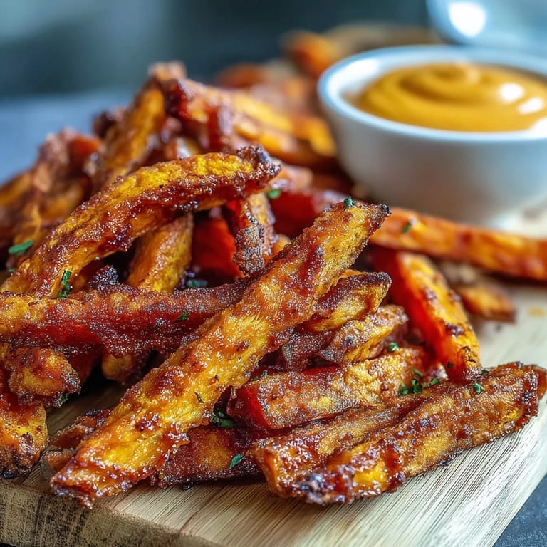 Delicious air fryer sweet potato fries lightly seasoned, served with zesty chipotle sauce.