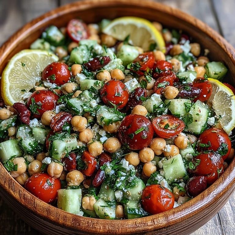 Hearty Mediterranean Chickpea Salad piled high with crisp vegetables and olives.