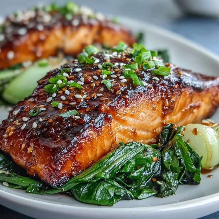 Juicy Miso Glazed Salmon with tender Sesame Bok Choy, an easy and flavorful dinner.
