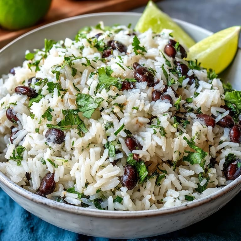 A satisfying side of coconut lime rice, studded with tender black beans.