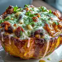 Roasted acorn squash halves overflowing with cheesy chili mac and drizzled with spicy hot honey.