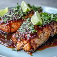 Golden honey-lime garlic butter baked salmon, glistening with citrus glaze and garnished with fresh cilantro. Juicy, flaky fillets on a baking sheet, perfect for a healthy weeknight dinner.