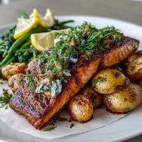 A vibrant sheet pan dinner with salmon, green beans, and potatoes roasted to perfection with zesty lemon and herbs.  