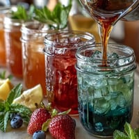 A colorful lemonade bar with classic lemonade and assorted fruit syrups for DIY mixing at parties.
