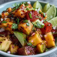 Bright and zesty mango fruit cups with chili and lime, perfect for a refreshing summer snack.