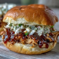 1. Juicy pulled BBQ chicken sandwiches piled high with tangy coleslaw on soft brioche buns.  