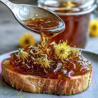 A jar of golden dandelion jelly with honey and lemon, spread on rustic bread with fresh petals scattered around.