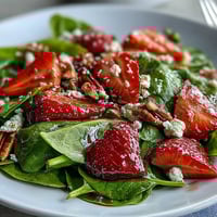 Fresh strawberry spinach salad with creamy goat cheese and candied pecans, drizzled with tangy balsamic vinaigrette.