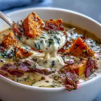 Hearty Smoky Sweet Potato Chowder with crispy pancetta and tender kale in a creamy broth.  