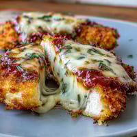 Crispy air fryer chicken parmesan with golden crust, rich marinara, and melted mozzarella, perfect for a quick Italian dinner.