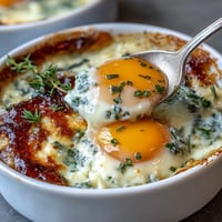 Elegant Easter eggs en cocotte baked in creamy herbed custard with parmesan, ideal for festive brunch.
