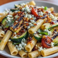 Colorful pasta salad with grilled zucchini, corn, and crumbled Cotija cheese in a zesty lime dressing.