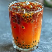 Tropical Sunrise Mocktail with Passionfruit and Orange in a tall glass with layered fruit juices and a sunrise effect.