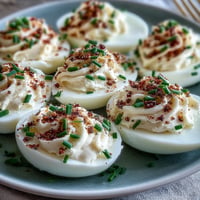 Everything Bagel Deviled Eggs with Cream Cheese: creamy yolk filling topped with crunchy everything bagel seasoning on smooth egg whites.