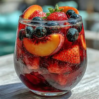 Summer Sangria Mocktail overflowing with colorful berries and juicy peach slices.