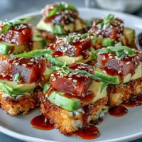Spicy Tuna Crispy Rice Bites featuring creamy avocado and spicy mayo drizzle.