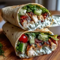 Delicious Tzatziki Chicken Wraps bursting with fresh cucumber and feta cheese.