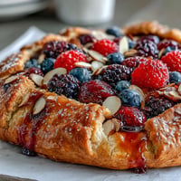 Golden Summer Berry Galette with flaky almond crust, perfect for dessert plates.