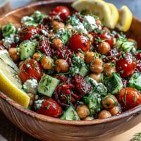 Mediterranean Chickpea Salad bursting with fresh herbs and zesty lemon dressing.